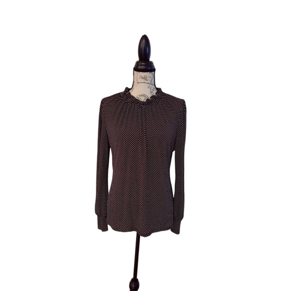 Adrianna Papell Long Sleeve Polka Dot Black White Smocked Ruffle Neck Top M - Picture 1 of 9